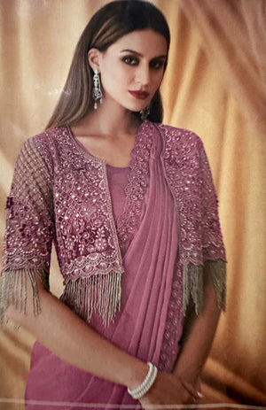 Designer Georgette Blended Saree with Blouse and Embroidery Jacket, Onion Shade, SARI - 1548