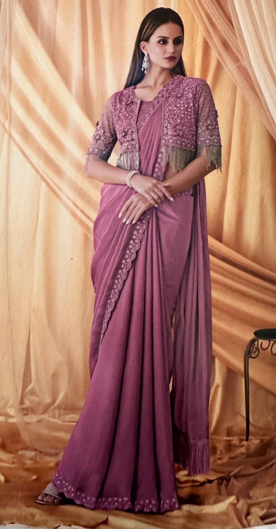 Designer Georgette Blended Saree with Blouse and Embroidery Jacket, Onion Shade, SARI - 1548