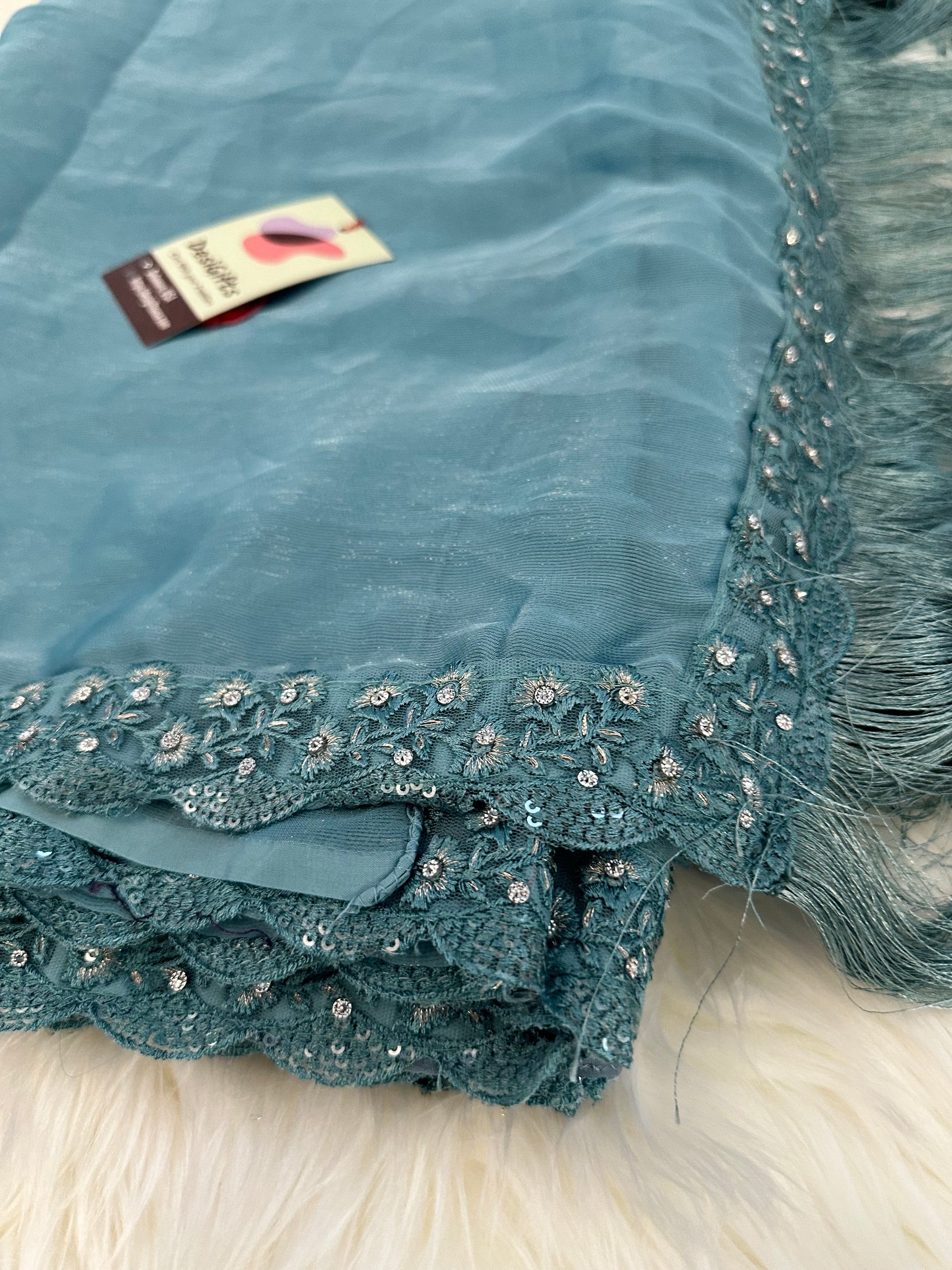 Designer Georgette Blended Saree with Blouse and Embroidery Jacket, Teal Shade, SARI - 1549