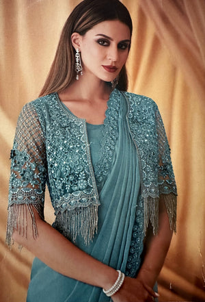 Designer Georgette Blended Saree with Blouse and Embroidery Jacket, Teal Shade, SARI - 1549