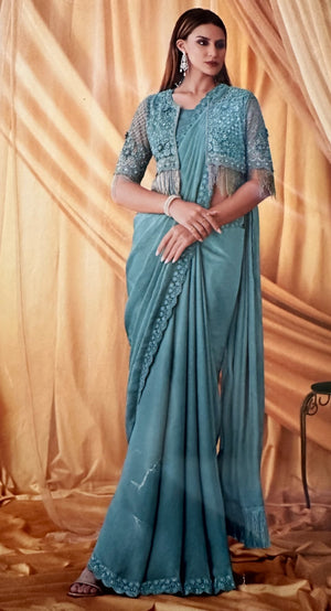 Designer Georgette Blended Saree with Blouse and Embroidery Jacket, Teal Shade, SARI - 1549