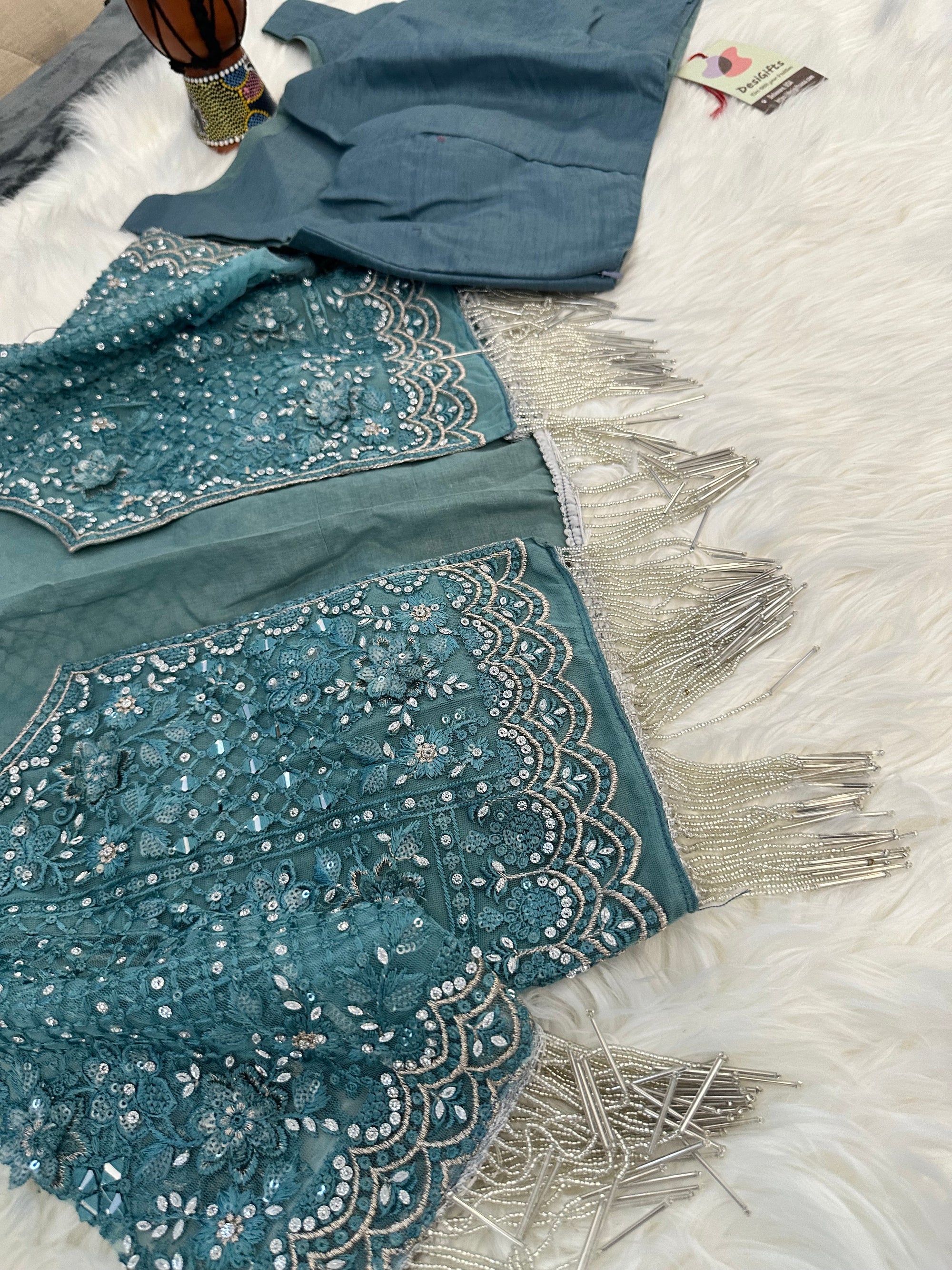 Designer Georgette Blended Saree with Blouse and Embroidery Jacket, Teal Shade, SARI - 1549