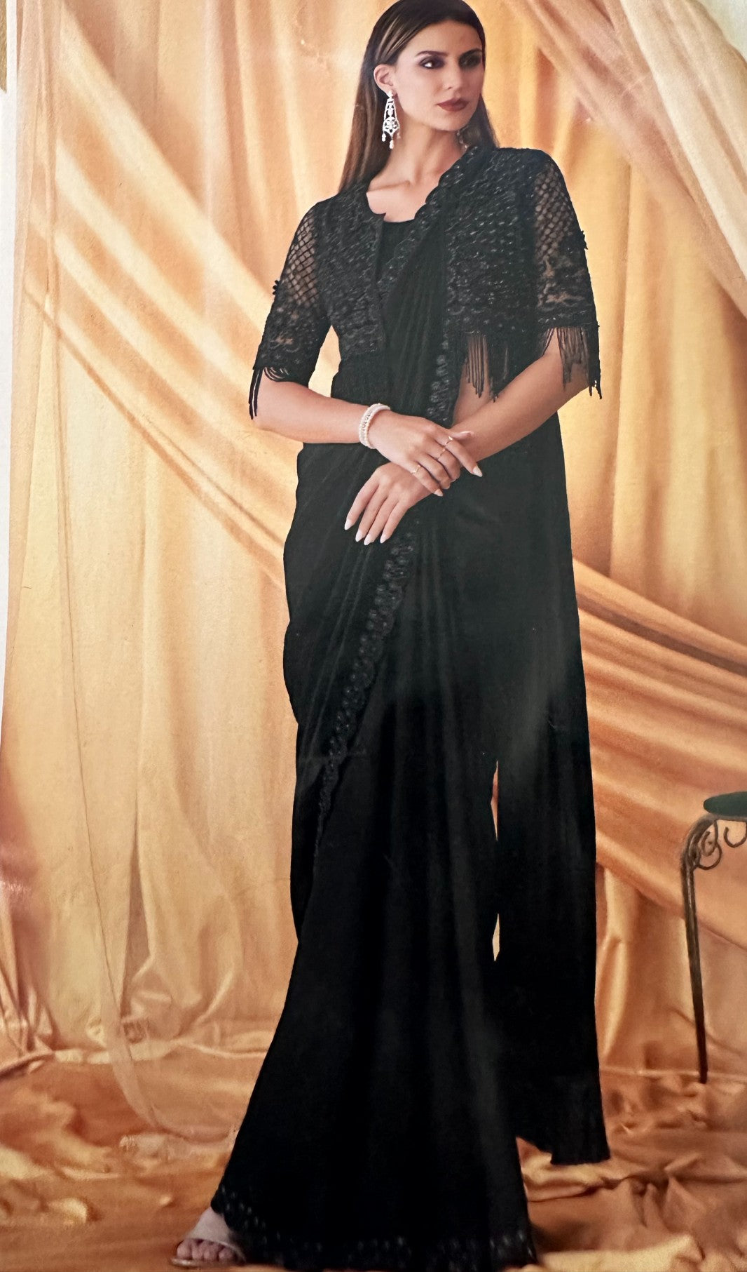 Designer Georgette Blended Saree with Blouse and Embroidery Jacket, Black Shade, SARI - 1550