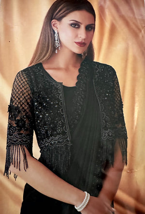 Designer Georgette Blended Saree with Blouse and Embroidery Jacket, Black Shade, SARI - 1550