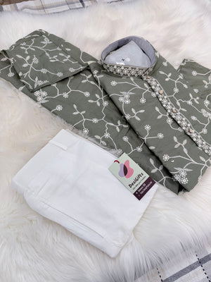 Boys & Men Matching Sage Green Kurta Pajama Set with White Floral Embroidery, Father Son Indian Ethnic Wear, DM- 3011