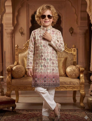 Boys’ Rayon Embroidery Kurta Pajama Set with Sequins Work, Designer Ethnic Outfit for Kids Festive and Wedding Wear – BOY-2087