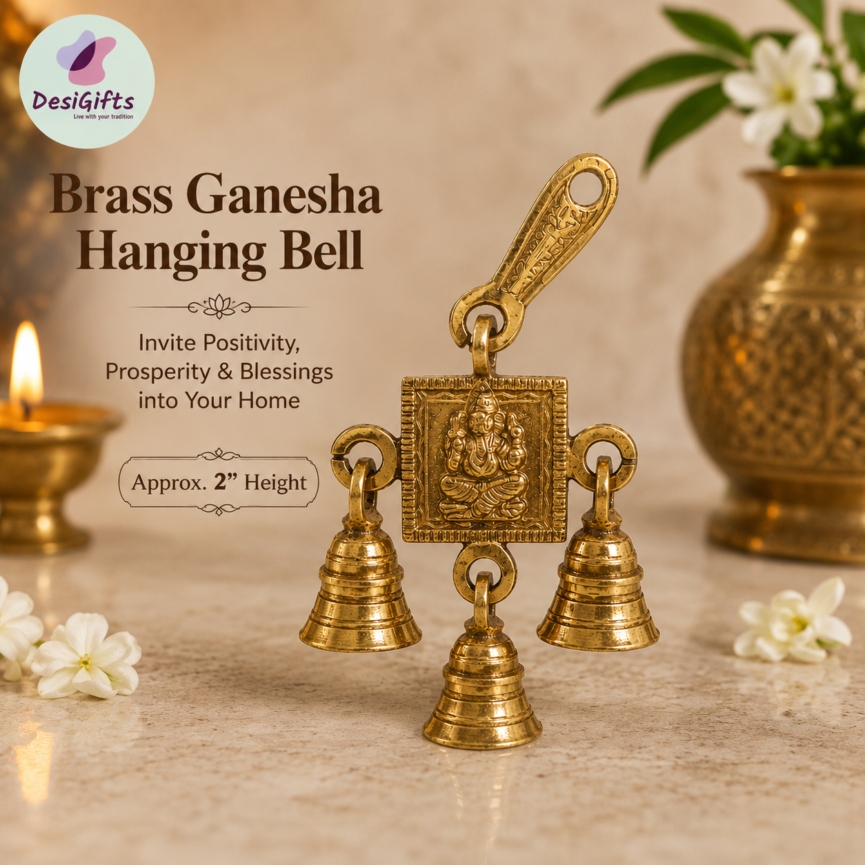 Brass Bell With Ganesh, Brass Hanging Ganesha Bell, ~ 6" Long, GBB- 156