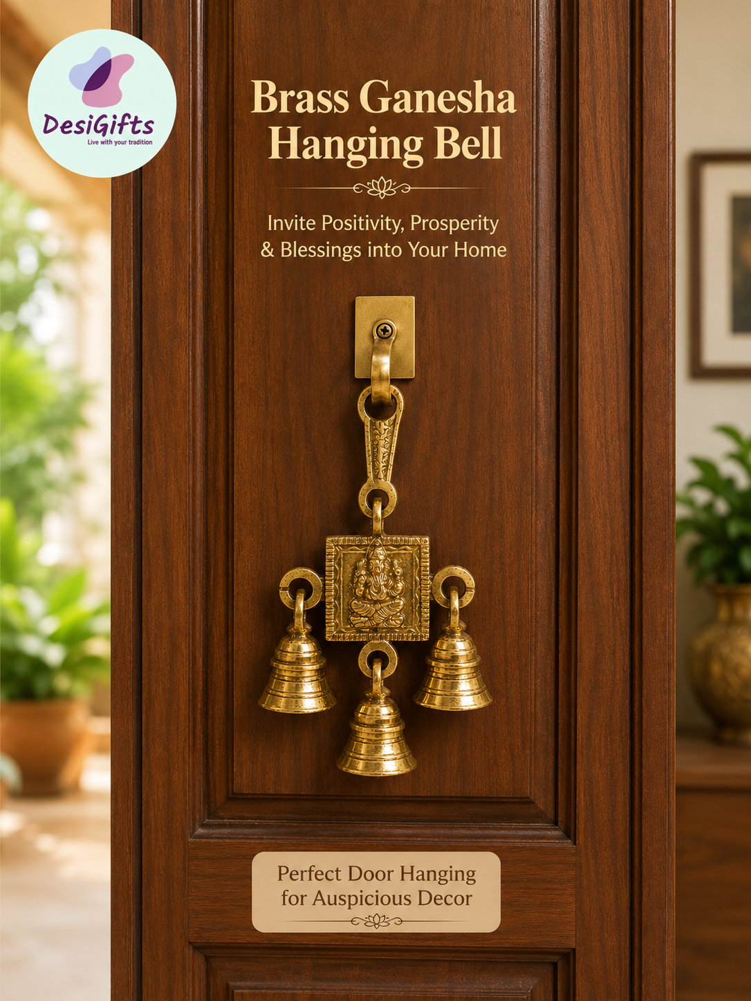 Brass Bell With Ganesh, Brass Hanging Ganesha Bell, ~ 6" Long, GBB- 156