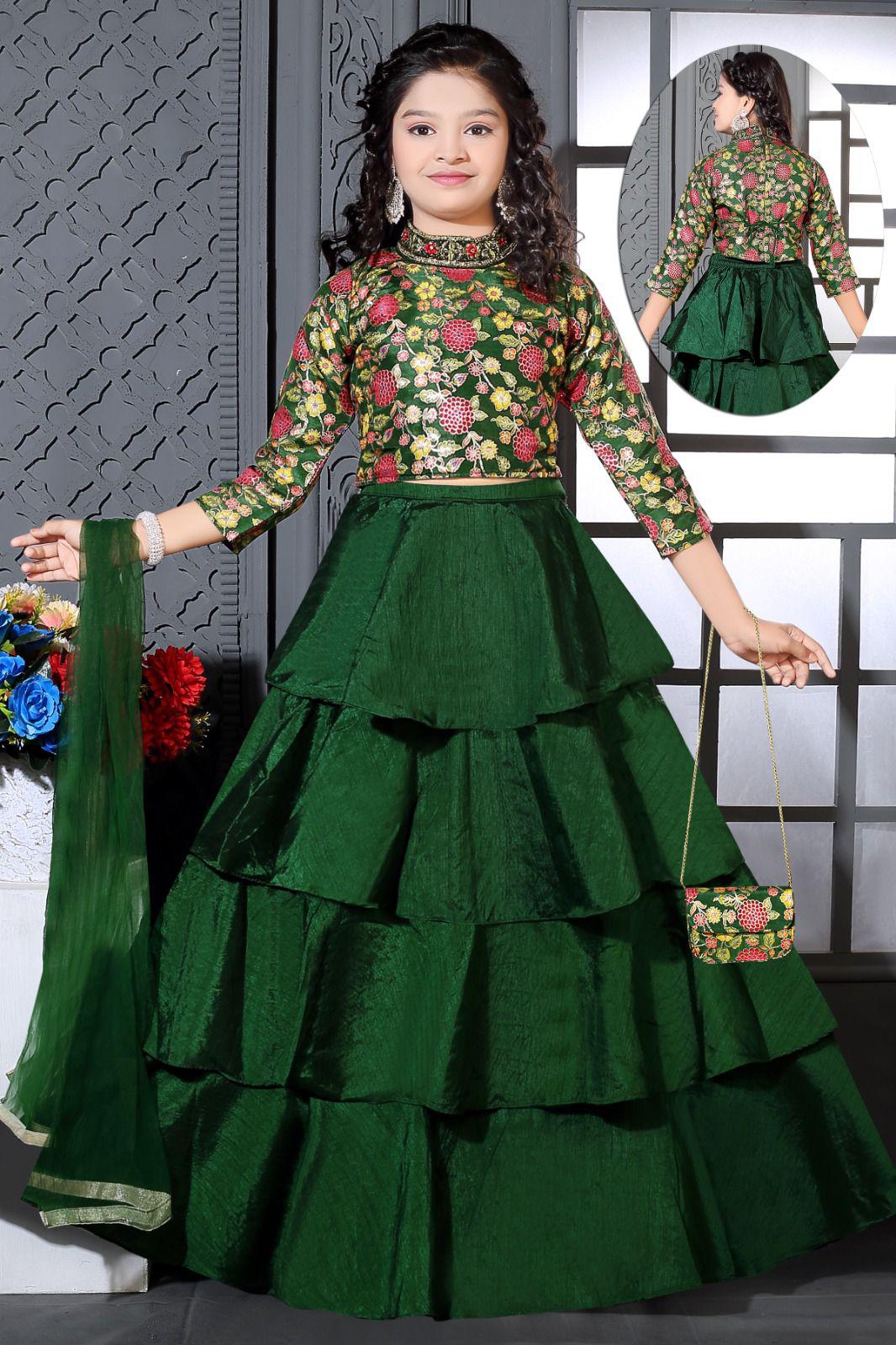 Stylish Green Lehnga Choli, Indian traditional festive outfit for Princess, Girl Design GRL - 1572