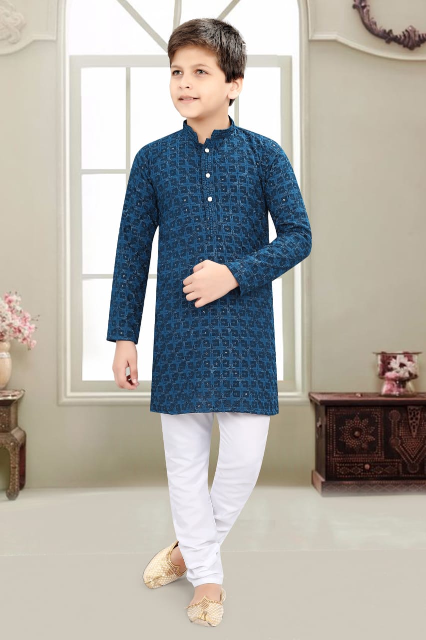 Boy Kurta Pajama with Sequins Work in Sea Blue/Teal Blue Shade- BOY-1578