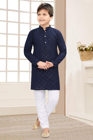 Boy Navy Blue Shade Kurta Pajama with Embroidery and  Sequins Work - BOY-1582