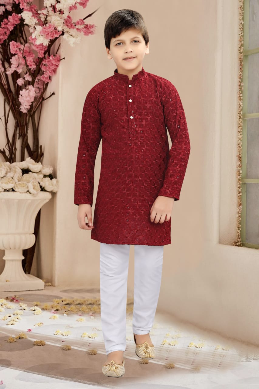 Boy Apple Red Shade Chikankari Embroidered Kurta Pajama with Sequins Work - BOY-1580