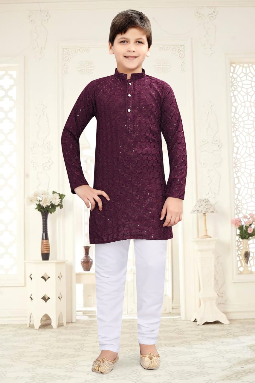 Boy Purple Shade Kurta Pajama with Embroidery and Sequins Work - BOY-1581