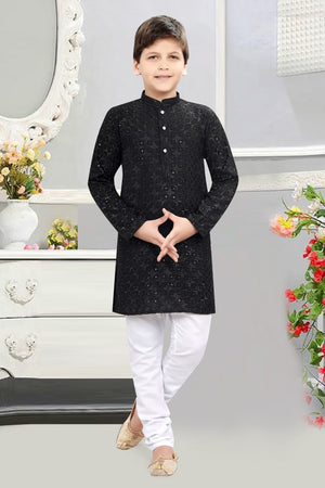 Embroidered Boy Kurta Pajama with Sequins Work in Black Shade- BOY-1579