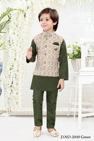 Olive Green Shade 3 Piece Boy's Cotton  Dress Kurta with Jacket and Pajama- Design B-1586