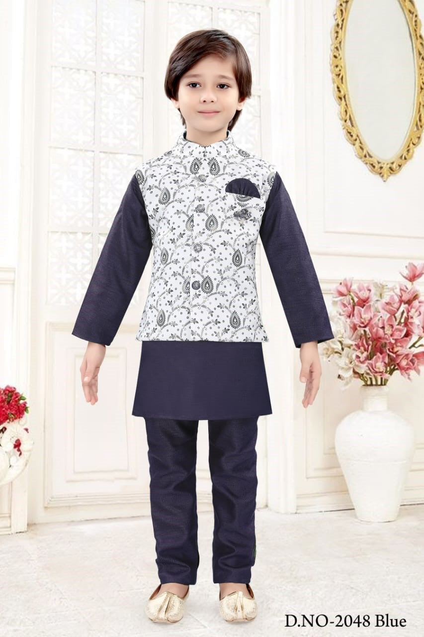 Navy Blue Shade 3 Piece Boy's Cotton  Dress Kurta with Jacket and Pajama- Design B-1587