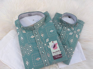 Father & Son Matching Turquoise Blue Kurta Pajama Set | Silver Zari-Style Embroidery, Sequin Work | Festive Wear, DM -4025