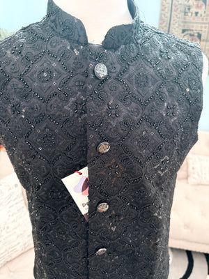 Premium Black Heavy Embroidered Jacket for Men – Sequin & Thread Work Wedding Waistcoat J - 3035