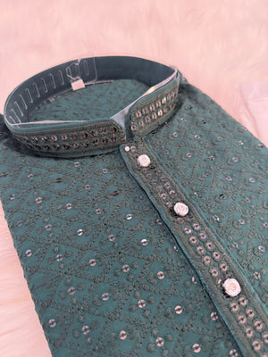 Green Shade Chikankari Embroidery with Sequins 2 Piece Viscose Rayon Kurta Pajama Set, Indian Partywear Kurta SetKP-1978