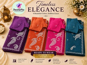 Ready-to-Wear Embroidered Saree with Stitched Blouse, Fall & Pico Done, Indian Wedding & Festive Sari, 4 Colors, S- 3080