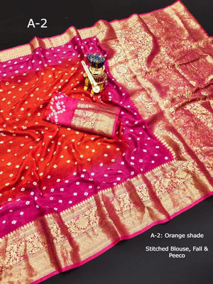 Bandhej Silk Saree, Drapes with Zari Border with Stitched Blouse, Fall & Peeco, Bandini Stylish Pretty Sari, Design SARI - 1605