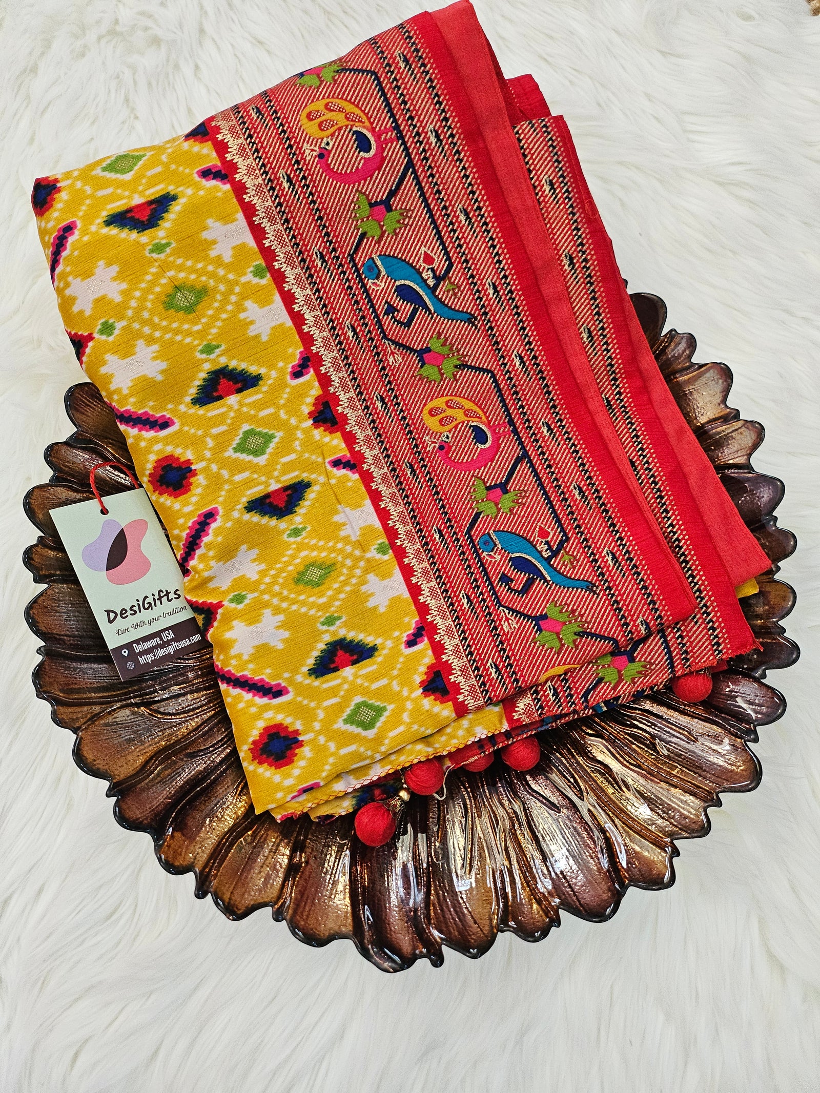 Rewaa Patola Print Paithani Smooth Silk Saree in Red/Yellow With Stitched Blouse and complete fall & Peeco , SAREE - 1620=496