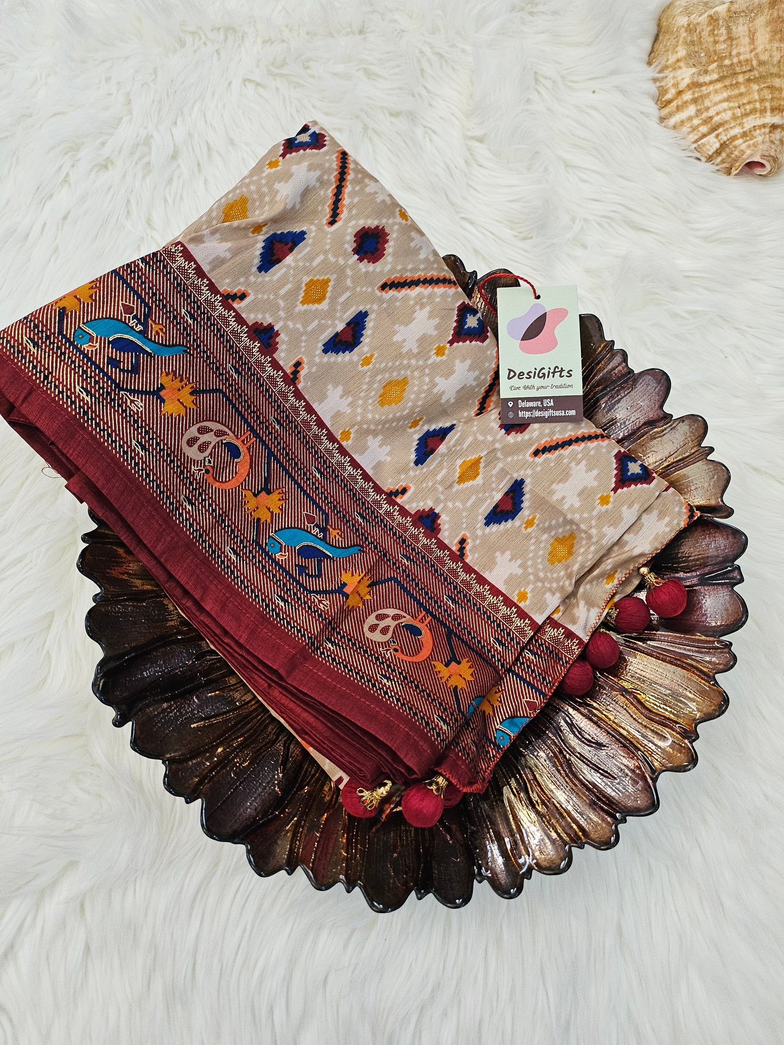 Rewaa Patola Print Paithani Smooth Silk Saree in Cream/Maroon With Stitched Blouse and complete fall & Peeco , SAREE - 1620=496A