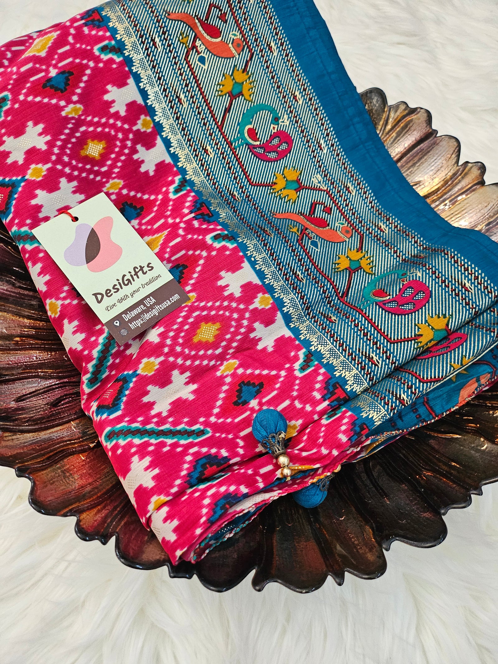 Rewaa Patola Print Paithani Smooth Silk Saree With Stitched Blouse and complete fall & Peeco , SAREE - 1620=496B