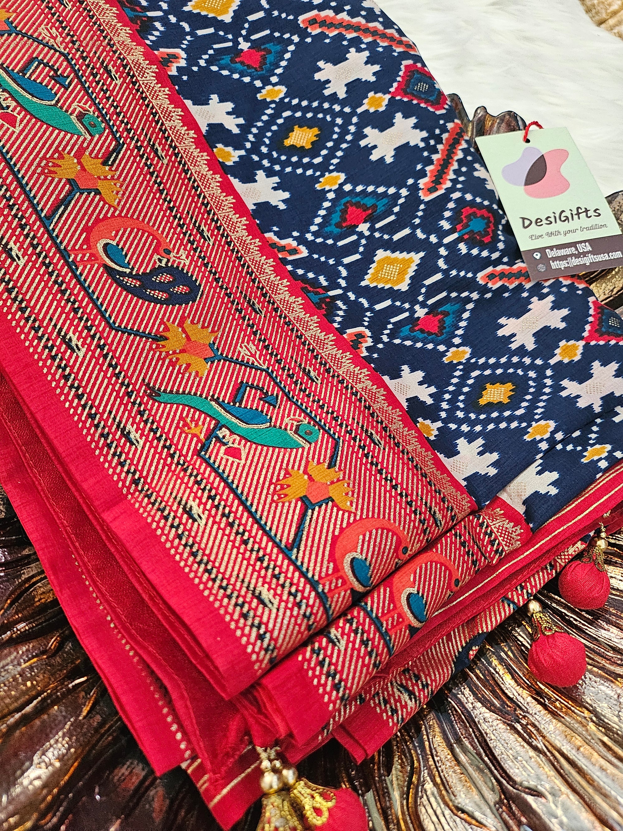 Rewaa Patola Print Paithani Smooth Silk Saree With Stitched Blouse and complete fall & Peeco , SAREE - 1620=496E