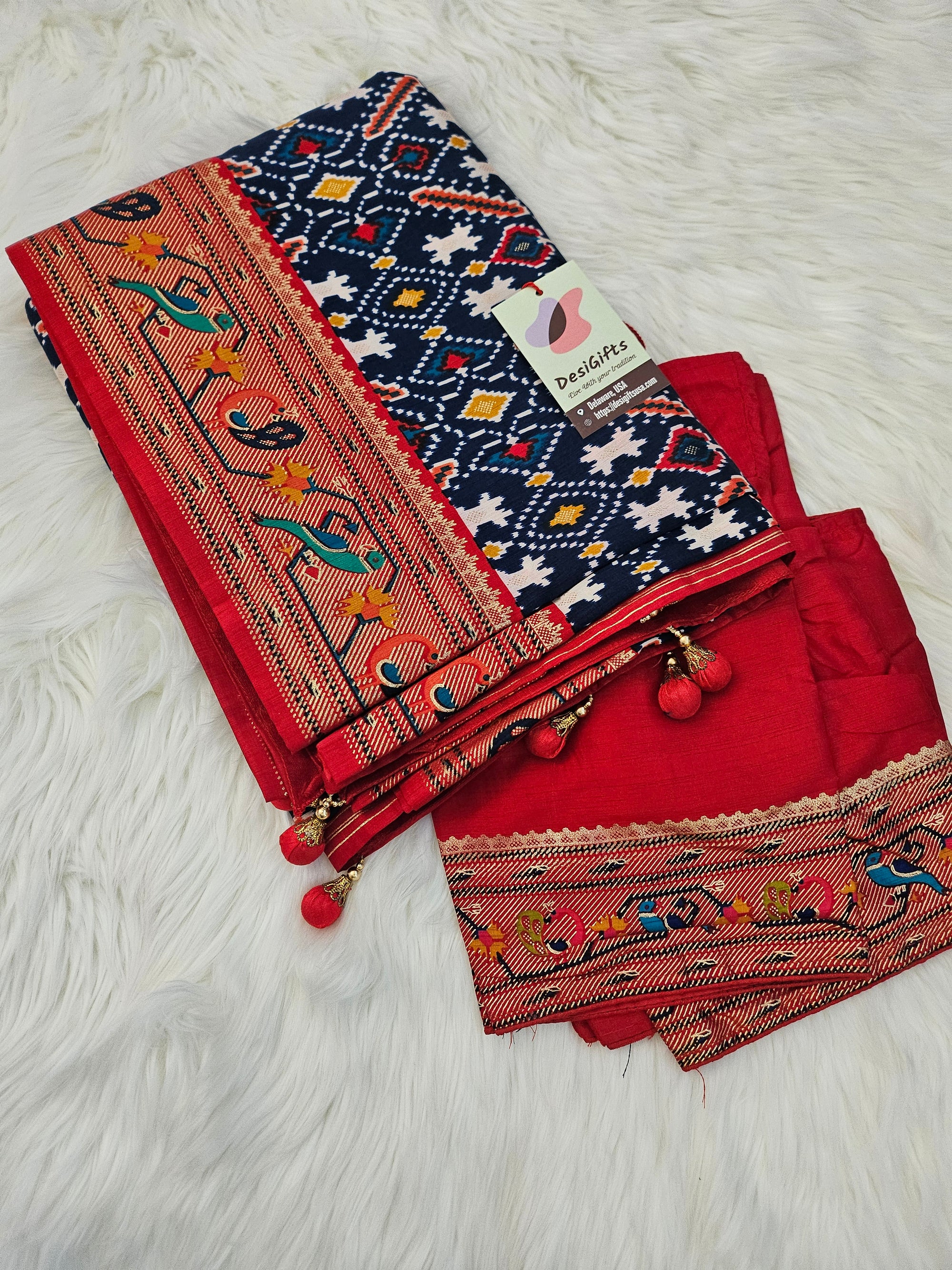 Rewaa Patola Print Paithani Smooth Silk Saree With Stitched Blouse and complete fall & Peeco , SAREE - 1620=496E