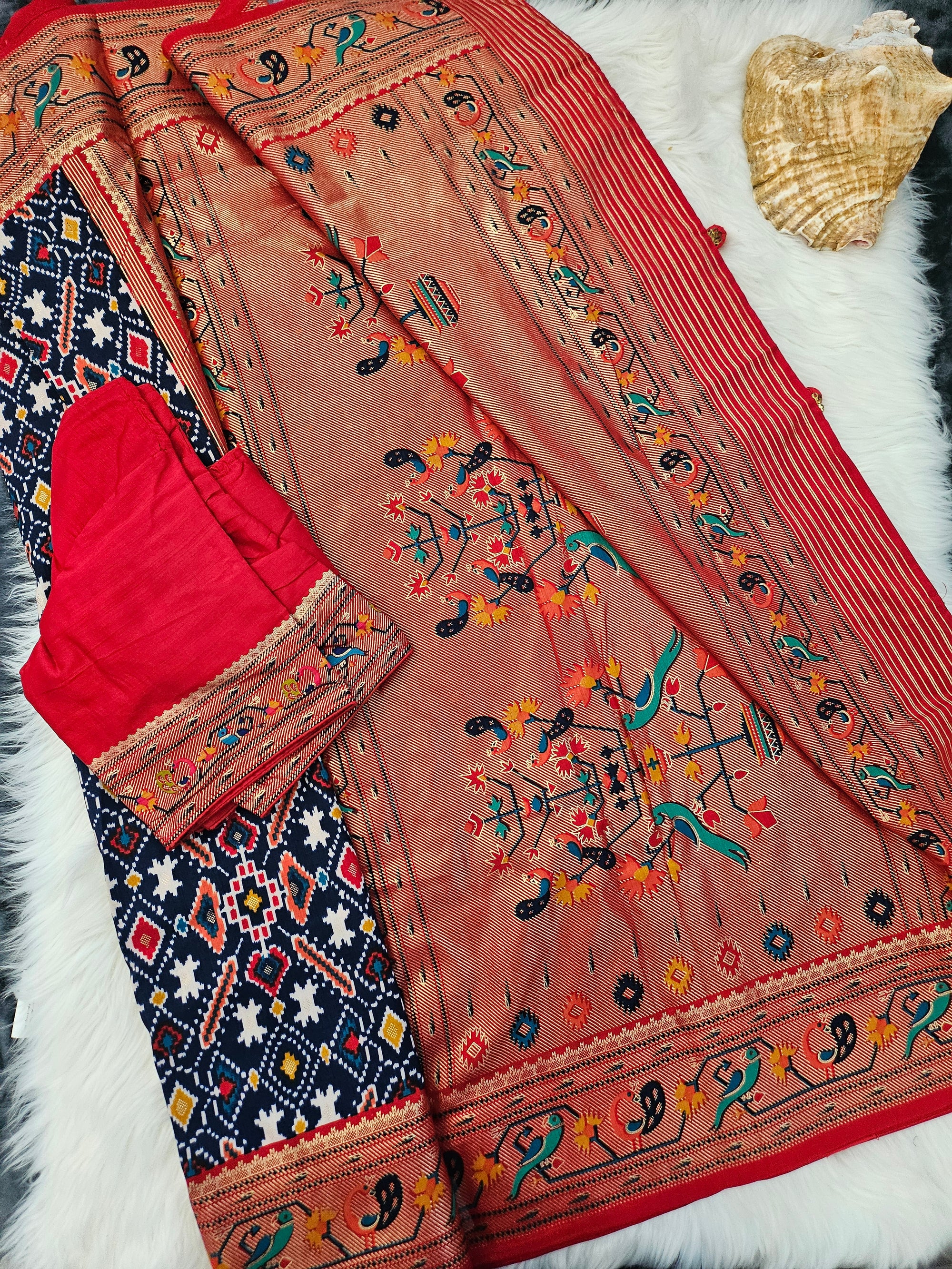 Rewaa Patola Print Paithani Smooth Silk Saree With Stitched Blouse and complete fall & Peeco , SAREE - 1620=496E