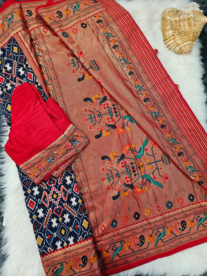 Rewaa Patola Print Paithani Smooth Silk Saree With Stitched Blouse and complete fall & Peeco , SAREE - 1620=496E