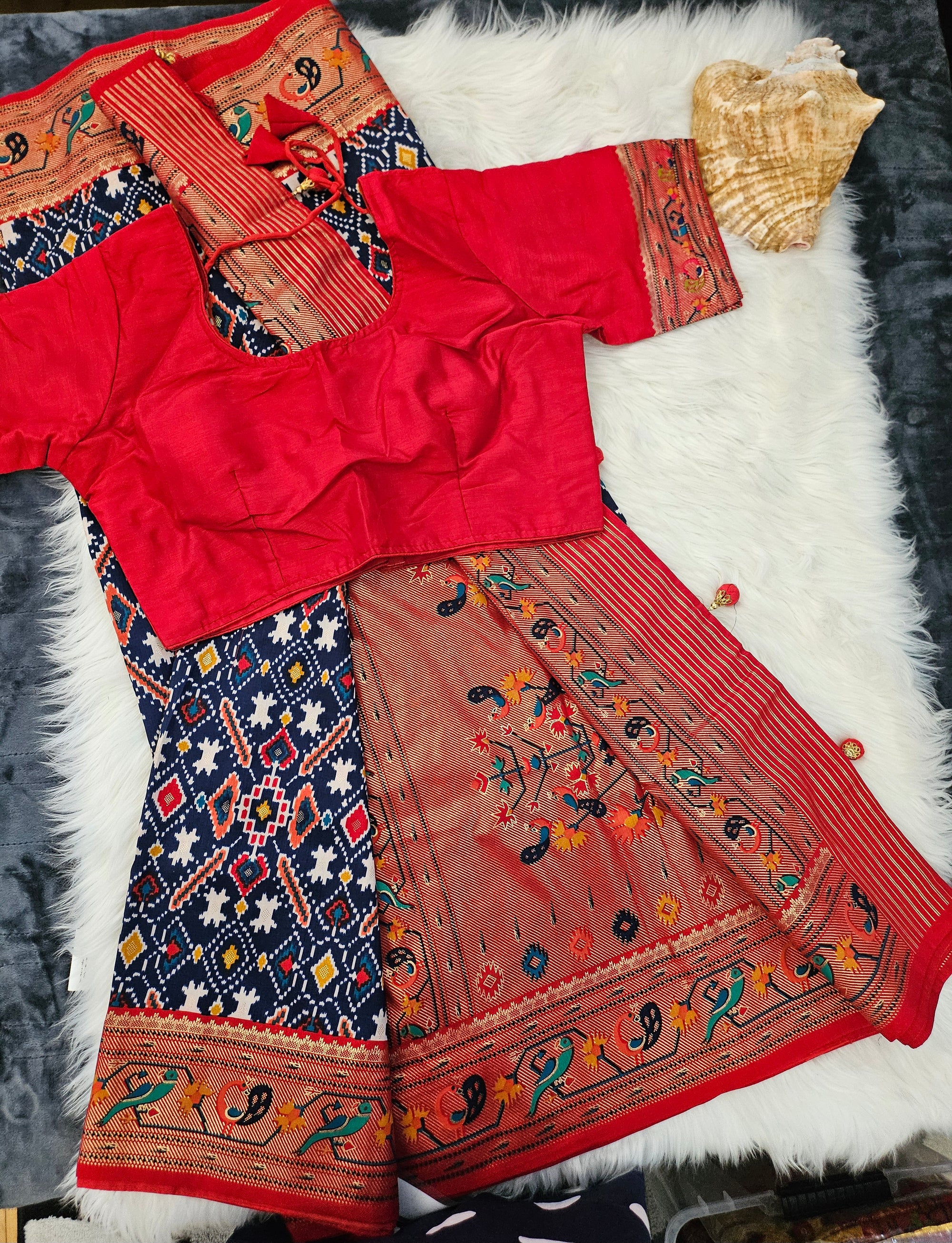 Rewaa Patola Print Paithani Smooth Silk Saree With Stitched Blouse and complete fall & Peeco , SAREE - 1620=496E