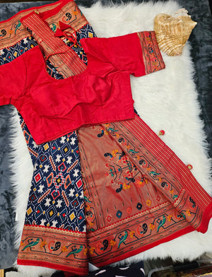 Rewaa Patola Print Paithani Smooth Silk Saree With Stitched Blouse and complete fall & Peeco , SAREE - 1620=496E