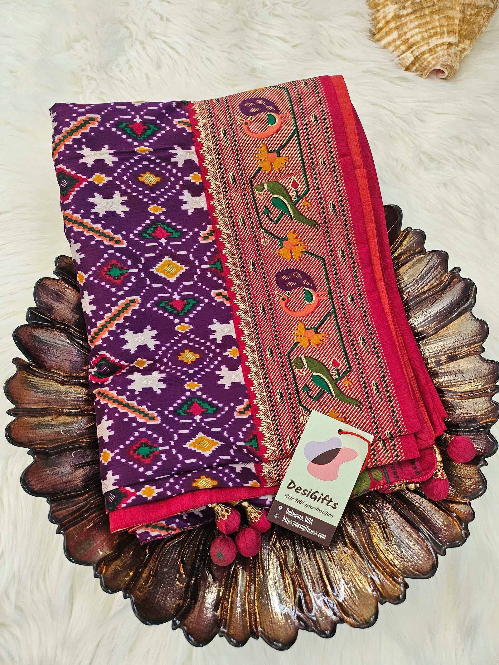 Rewaa Patola Print Paithani Smooth Silk Saree With Stitched Blouse and complete fall & Peeco , SAREE - 1620=496G