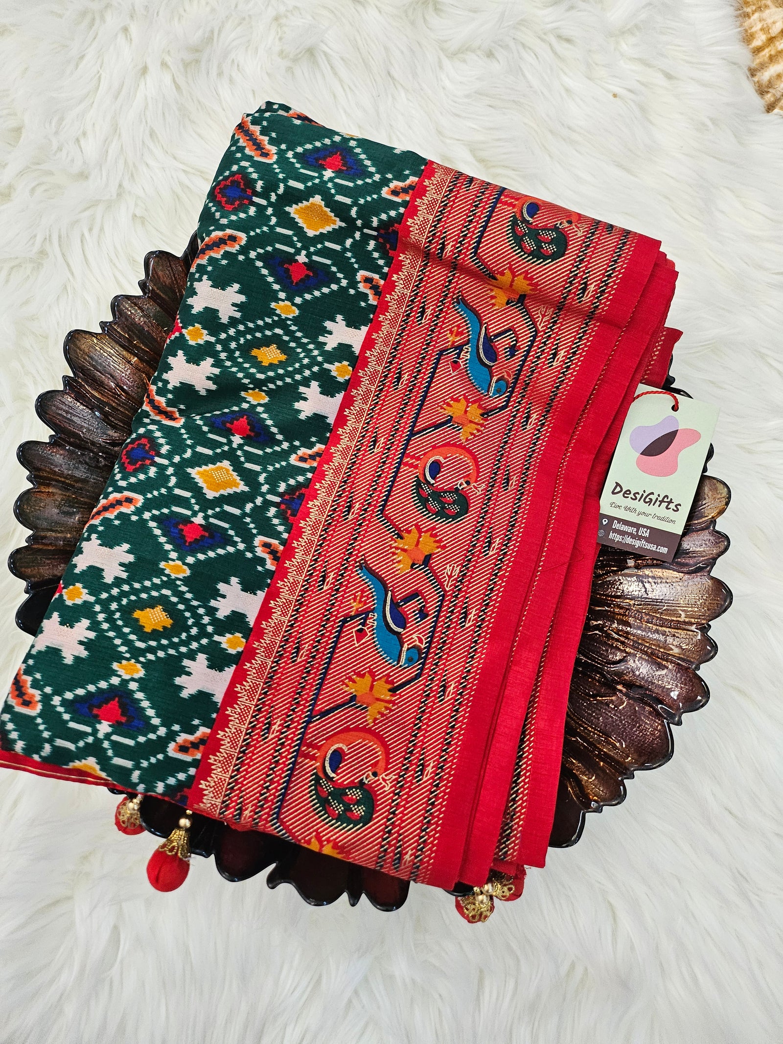 Rewaa Patola Print Paithani Smooth Silk Saree With Stitched Blouse and complete fall & Peeco , SAREE - 1620=496H