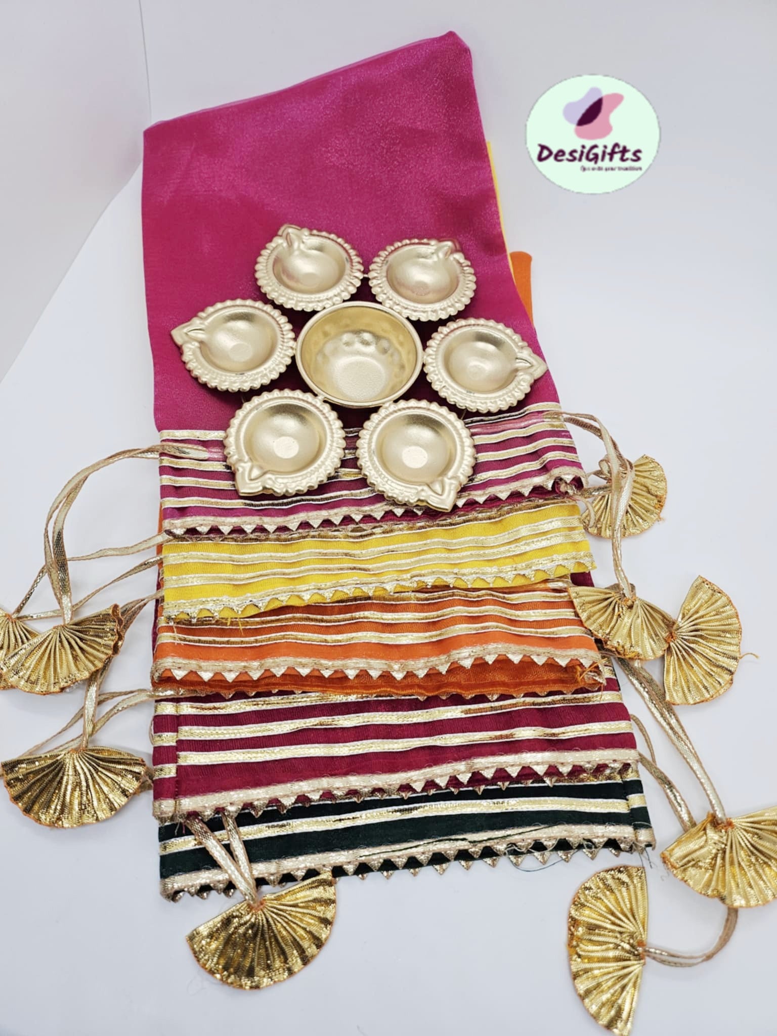 7 Inch Size Metal Diya Urli set with Potli bags in assorted Colors, Decorative Gift for all Indian Traditional Occasion-Urli 1627