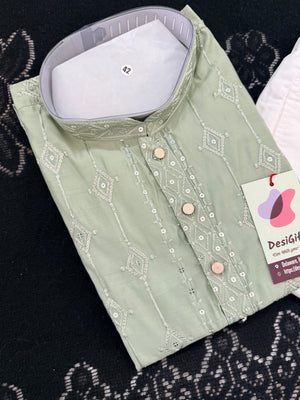 Men’s Pista Green Embroidered Kurta Pajama Set with Sequins Work, Indian Ethnic Wear for Wedding & Festival, KPS-3013