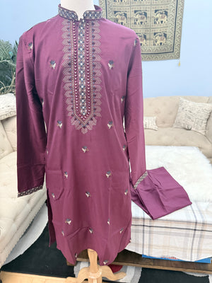 Men’s Wine Embroidered Kurta Pajama Set with Jacket, 3-Piece Indian Ethnic Outfit, Festive Wedding Wear, KPS - 3007
