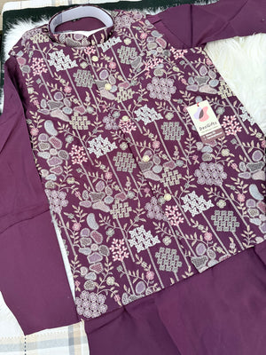 Stylish Men’s 3-Piece Plum Purple Shade Kurta Pajama with Embroidered Sequins Jacket, Silk Ethnic Wear for Wedding & Festive, KPJ-4052