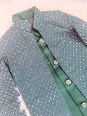 Boy's Pine Green Shade Cotton Silk 3 Piece Indo Western Outfit,  Embroidered  Sequins Long Jacket with Pant , Boy's Sherwani Dress - B-3051