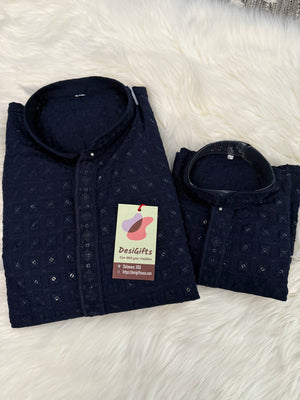 Navy Chikankari Rayon with Sequins 2 Piece Kurta Pajama Set, Father & Son's Outfit, DM -1674