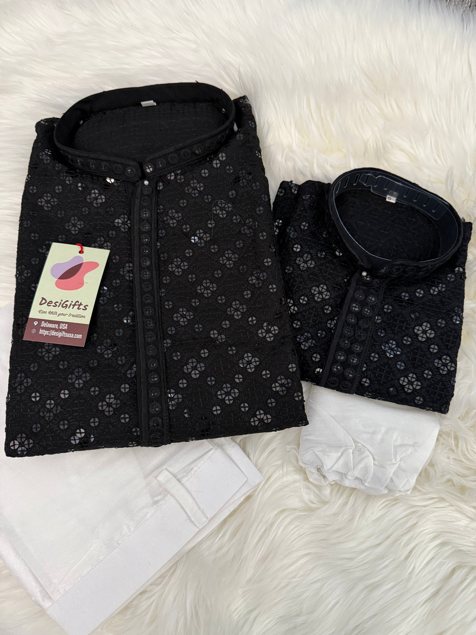 Black Chikankari Rayon with Sequins 2 Piece Kurta Pajama Set, Father & Son's Outfit, DM -1677