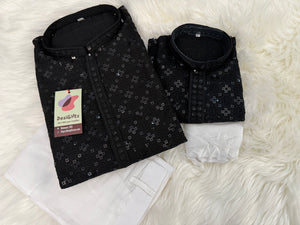 Black Chikankari Rayon with Sequins 2 Piece Kurta Pajama Set, Father & Son's Outfit, DM -1677