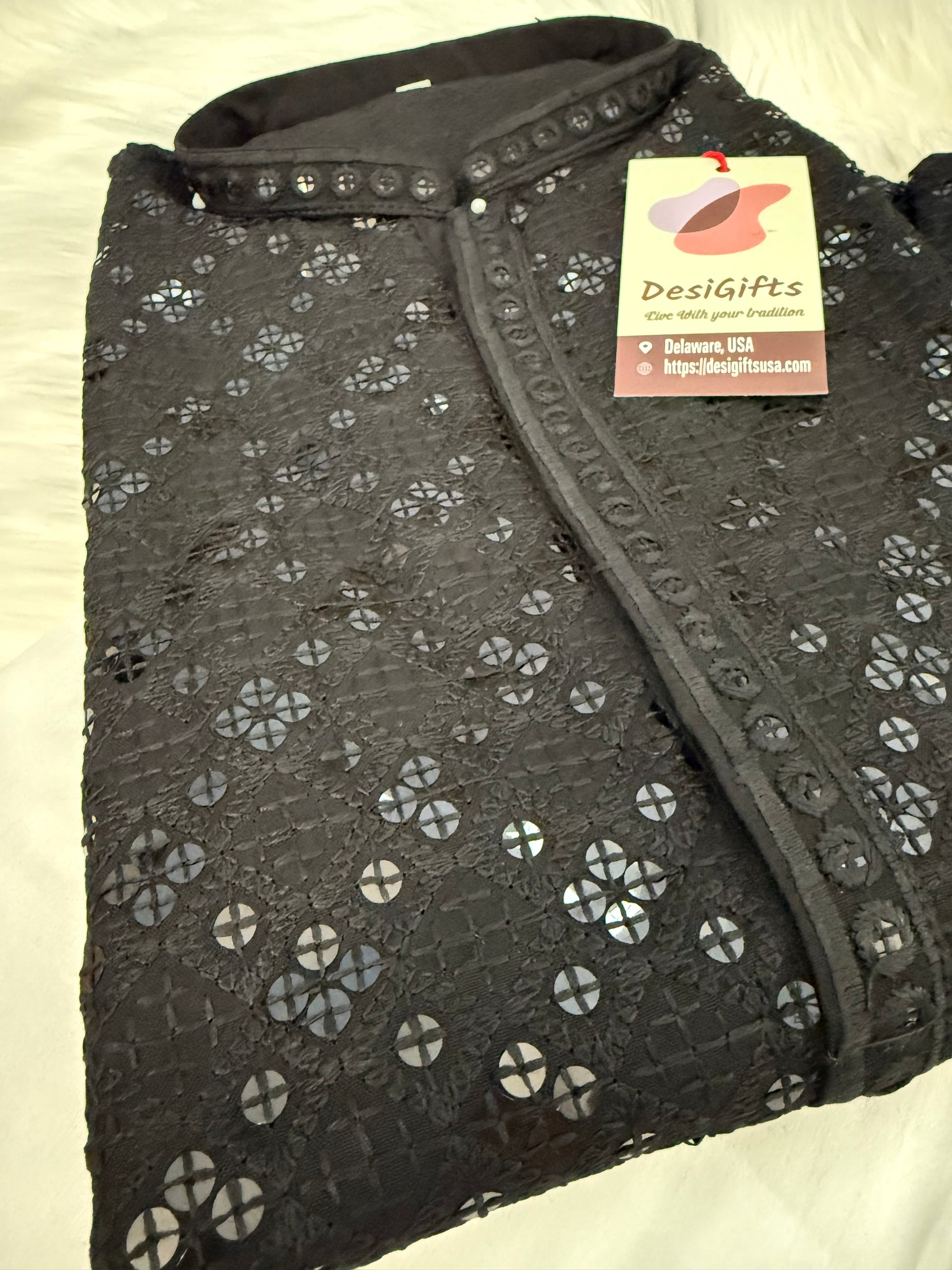 Black Chikankari Rayon with Sequins 2 Piece Kurta Pajama Set, Father & Son's Outfit, DM -1677