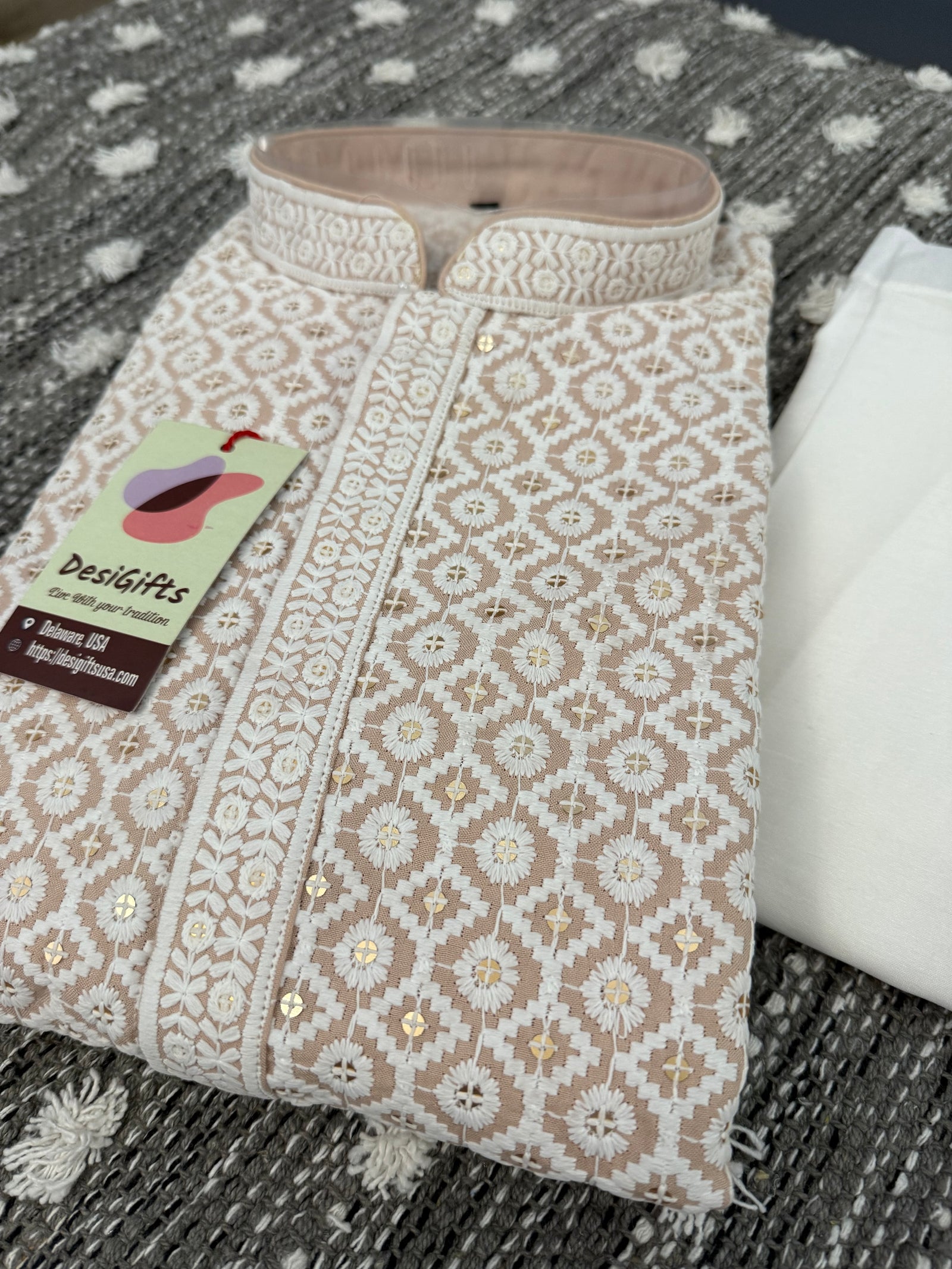Size 36, Exclusive Embroidered with Sequins Work Partywear 2 Piece Kurta Pajama Set for Man in Beige Shade, KP - 1679