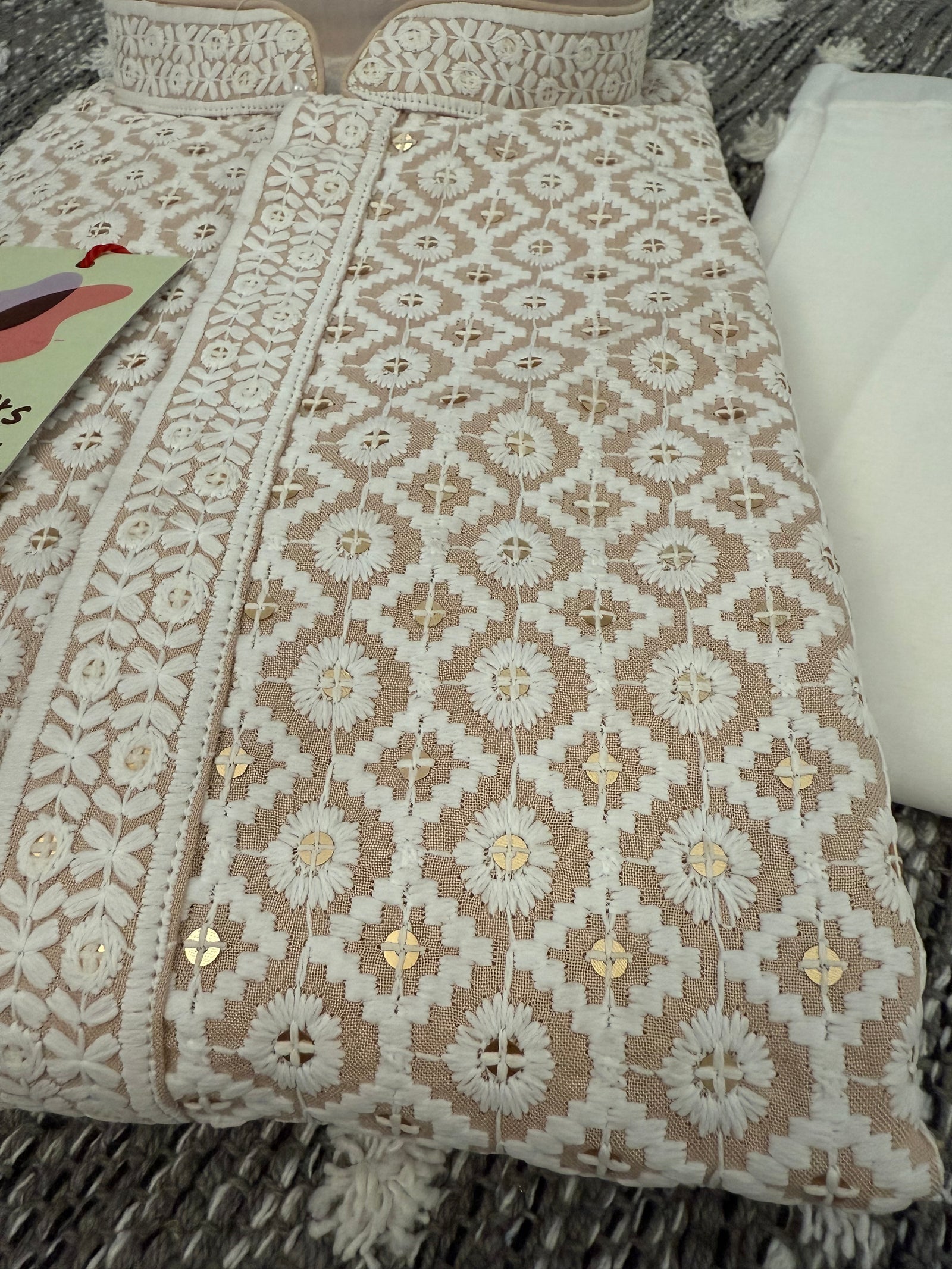 Size 36, Exclusive Embroidered with Sequins Work Partywear 2 Piece Kurta Pajama Set for Man in Beige Shade, KP - 1679