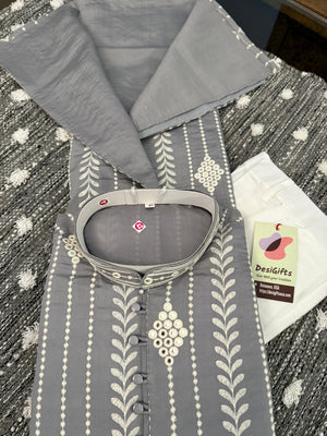 Embroidered with Mirror & Sequins Work Partywear 2 Piece Kurta Pajama Set for Man in Gray Shade, KP - 1683