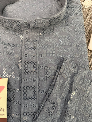 Blue Gray Shade Sequins Work Chikankari Viscose 2 Piece Kurta Pajama Set for Man, KP - 1687