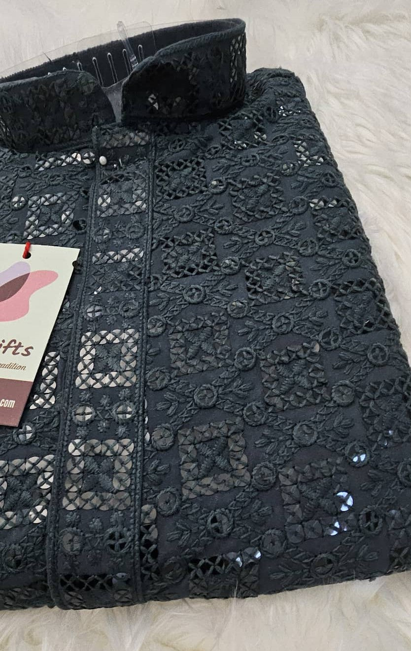 Blue Gray Shade Sequins Work Chikankari Viscose 2 Piece Kurta Pajama Set for Man, KP - 1687